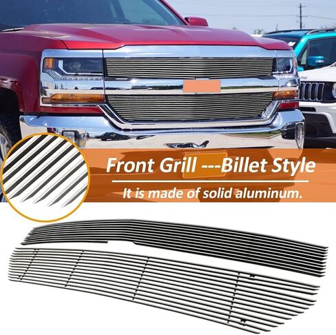 مجموعة إدراج الشبكة الأمامية المصقولة المتوافقة مع 2016-2018 Chevy Silverado 1500 (16 17 18 Silverado 1500) و2019 Silverado 1500 LD من الألومنيوم الرئيسي العلوي للشواية على النمط in Kuwait