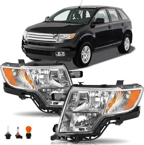 Headlights Assembly Replacement for 2007 2008 2009 2010 Ford Edge Halogen Head Light Headlamp w/Bulbs Driver and Passenger Side, Chrome Housing Amber Corner Clear Lens OE # FO2502228, FO2503228 in Saudi Arabia
