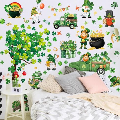 St. Patrick's Day Wall Decals Stickers Green Shamrock St. Patricks Day Window Clings Lucky Truck Clover Golden Coins Irish Spring Holiday Home Kitchen School Office Decor Party Supplies Decoration in Saudi Arabia