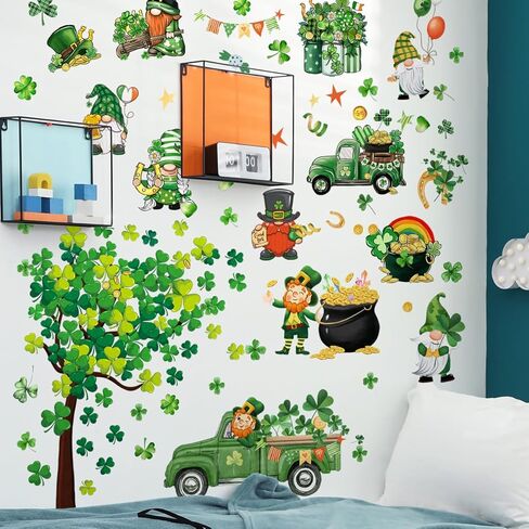 St. Patrick's Day Wall Decals Stickers Green Shamrock St. Patricks Day Window Clings Lucky Truck Clover Golden Coins Irish Spring Holiday Home Kitchen School Office Decor Party Supplies Decoration in Saudi Arabia