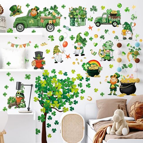 St. Patrick's Day Wall Decals Stickers Green Shamrock St. Patricks Day Window Clings Lucky Truck Clover Golden Coins Irish Spring Holiday Home Kitchen School Office Decor Party Supplies Decoration in Saudi Arabia