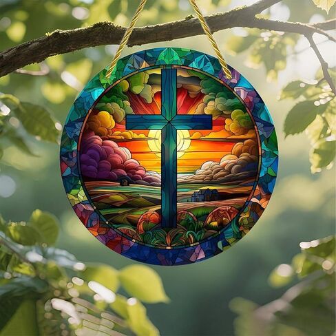 Colorful Acrylic Suncatcher, Cross Sunset Landscape Stained Glass 7-inch Hanging Window Wall Art Decor with Printed Stained Glass Style Design, Gift Idea & Garden Ornament Indoor Outdoor Use in Saudi Arabia