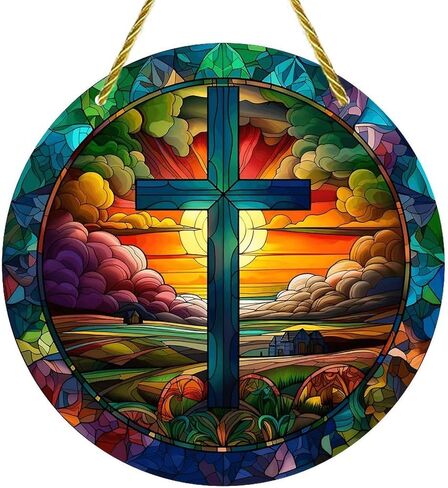 Colorful Acrylic Suncatcher, Cross Sunset Landscape Stained Glass 7-inch Hanging Window Wall Art Decor with Printed Stained Glass Style Design, Gift Idea & Garden Ornament Indoor Outdoor Use in Saudi Arabia