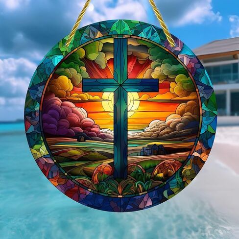 Colorful Acrylic Suncatcher, Cross Sunset Landscape Stained Glass 7-inch Hanging Window Wall Art Decor with Printed Stained Glass Style Design, Gift Idea & Garden Ornament Indoor Outdoor Use in Saudi Arabia