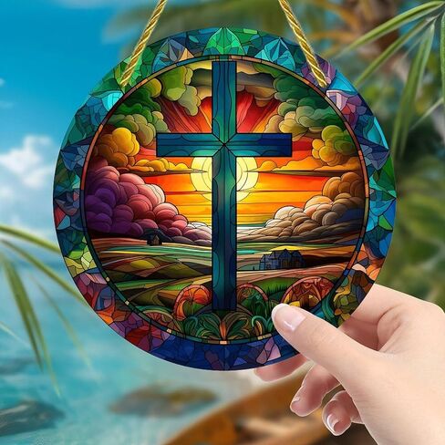 Colorful Acrylic Suncatcher, Cross Sunset Landscape Stained Glass 7-inch Hanging Window Wall Art Decor with Printed Stained Glass Style Design, Gift Idea & Garden Ornament Indoor Outdoor Use in Saudi Arabia