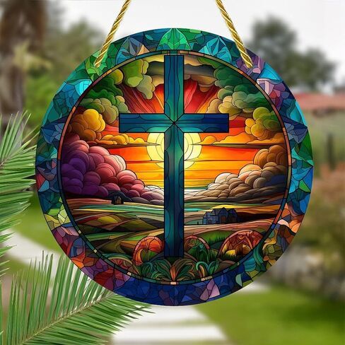 Colorful Acrylic Suncatcher, Cross Sunset Landscape Stained Glass 7-inch Hanging Window Wall Art Decor with Printed Stained Glass Style Design, Gift Idea & Garden Ornament Indoor Outdoor Use in Saudi Arabia