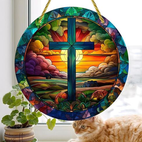 Colorful Acrylic Suncatcher, Cross Sunset Landscape Stained Glass 7-inch Hanging Window Wall Art Decor with Printed Stained Glass Style Design, Gift Idea & Garden Ornament Indoor Outdoor Use in Saudi Arabia