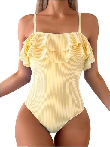 Floerns Women's One Piece Swimsuit Ruffle Trim Striped Print Monokini Swimwear in Saudi Arabia