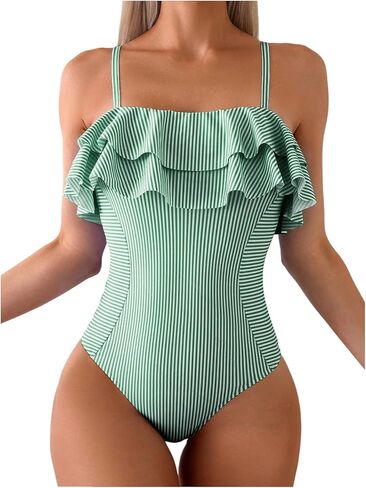 Floerns Women's One Piece Swimsuit Ruffle Trim Striped Print Monokini Swimwear in Saudi Arabia