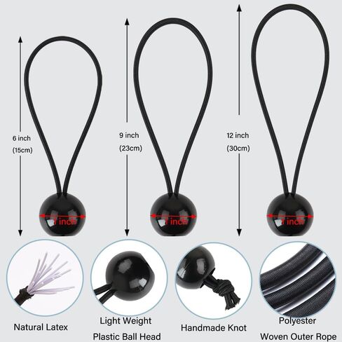 36PCS of 3 Sizes Tarp Bungee Balls Ties, 6, 9, 12 Inch Heavy Duty Canopy Tie Downs, for Camping, Shelter, Tent Poles UV Resistant (Black, 6+9+12 inch) in Saudi Arabia