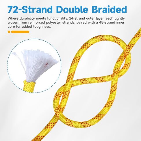 حبل تزوير 1/2 بوصة × 150 قدم حبل بوليستر مجدول مزدوج من البوليستر المضفر 48 خيطًا لمختلف التطبيقات الخارجية والبناء والتسلق والإبحار المتأرجح (أصفر، 1/2 × 150 قدم) in Kuwait