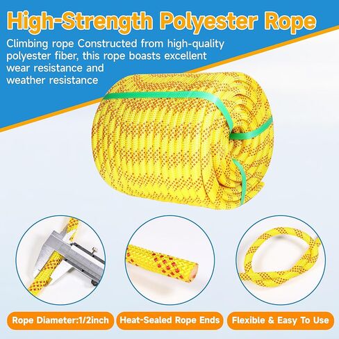 حبل تزوير 1/2 بوصة × 150 قدم حبل بوليستر مجدول مزدوج من البوليستر المضفر 48 خيطًا لمختلف التطبيقات الخارجية والبناء والتسلق والإبحار المتأرجح (أصفر، 1/2 × 150 قدم) in Kuwait