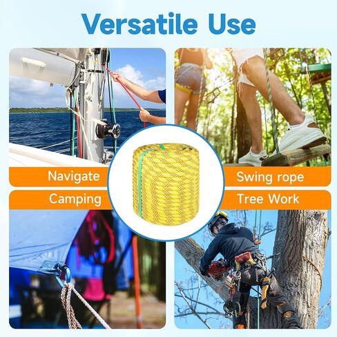 حبل تزوير 1/2 بوصة × 150 قدم حبل بوليستر مجدول مزدوج من البوليستر المضفر 48 خيطًا لمختلف التطبيقات الخارجية والبناء والتسلق والإبحار المتأرجح (أصفر، 1/2 × 150 قدم) in Kuwait