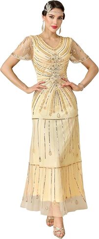 Women's Flapper Dress 1920s V-Neck Evening Gown Sequin Beaded Maxi Dress for Wedding in Saudi Arabia