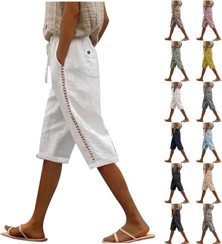 Capri Pants for Women Elastic High Waist Cotton Linen Capris Casual Lightweight Summer Vacation Outfits in Saudi Arabia