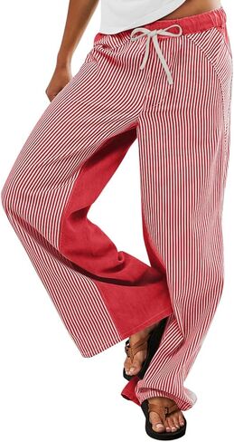 سراويل نسائية مخططة منخفضة الارتفاع بوهو واسعة الساق بانت العصرية متعة المرقعة رسم سلسلة سحب على الجينز in Kuwait