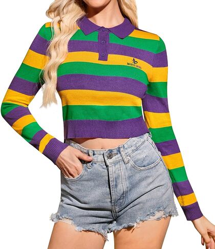 For G and PL Mardi Gras Women's Striped Polo Knit Cropped Slim Sweater Long Sleeves Top XS-XL in Saudi Arabia