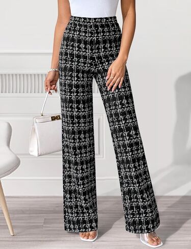 Women's Plaid Print Knitted Pants Elegant Elastic Waist Lounge Pants Casual Soft Versatile Trousers in Saudi Arabia