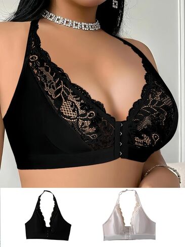 Plus Size Women's Front Closure Bra 2 Pcs Lace Wireless Full Coverage Supportive Lace Bralette with Adjustable Straps in Saudi Arabia