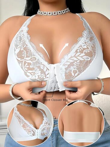 Plus Size Women's Front Closure Bra 2 Pcs Lace Wireless Full Coverage Supportive Lace Bralette with Adjustable Straps in Saudi Arabia