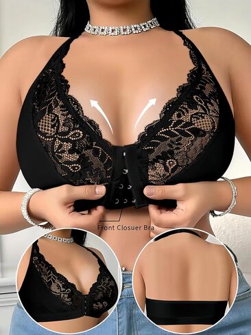 Plus Size Women's Front Closure Bra 2 Pcs Lace Wireless Full Coverage Supportive Lace Bralette with Adjustable Straps in Saudi Arabia