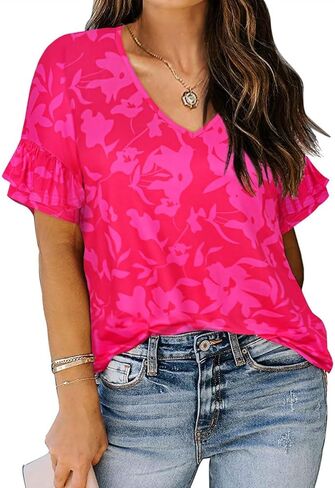 TIYOMI بلوزات بمقاسات كبيرة للنساء قمصان مكشكشة بأزرار وأكمام قصيرة صيفية ورقبة على شكل V XL-5XL in Kuwait