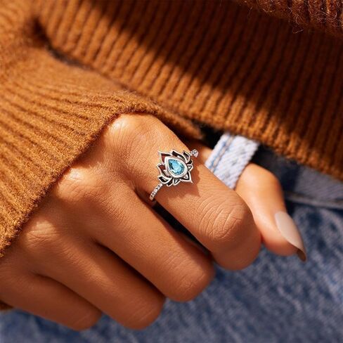 Vintage Lotus Flower Ring for Women,Daity Silver Statement Rings for Women Non Tarnish,1ct Blue Pear-Shaped CZ Engagement Ring, No Mud No Lotus Jewelry for Sisters,Inspirational Friendship Gift in Saudi Arabia
