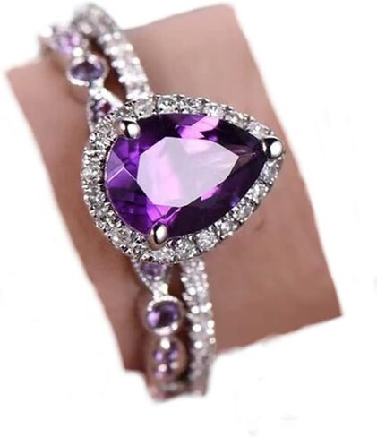 925 Sterling Silver Shining Amethyst Ring Tear Drop Shape 3Ct Cubic Zirconia Promise Cocktail Rings Set CZ Teardrop Halo Ring Eternity Engagement Wedding Band Ring Sets for Women W.63 (US Code 7) in Saudi Arabia