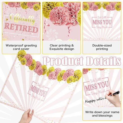 Retirement Greeting Card 25 x 16 Inch with Envelope, Large Rose Pink Gold Guest Signature Book Gift We Will Miss You Farewell Card Going Away Party Decorations (Pink) in Saudi Arabia