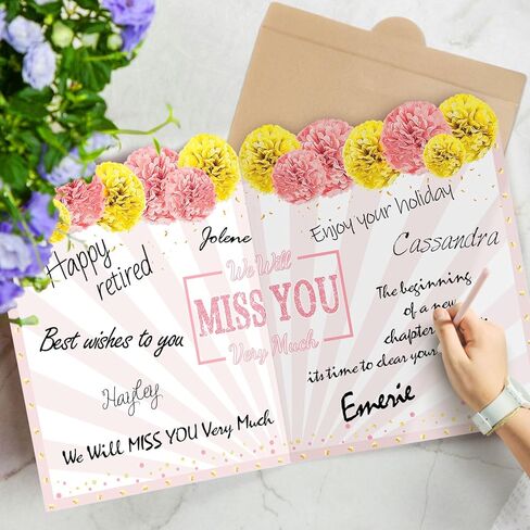 Retirement Greeting Card 25 x 16 Inch with Envelope, Large Rose Pink Gold Guest Signature Book Gift We Will Miss You Farewell Card Going Away Party Decorations (Pink) in Saudi Arabia