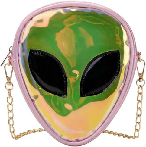 Holographic alien pattern colorful crossbody bag - Fashionable PU leather chain single-shoulder bag pink in Saudi Arabia