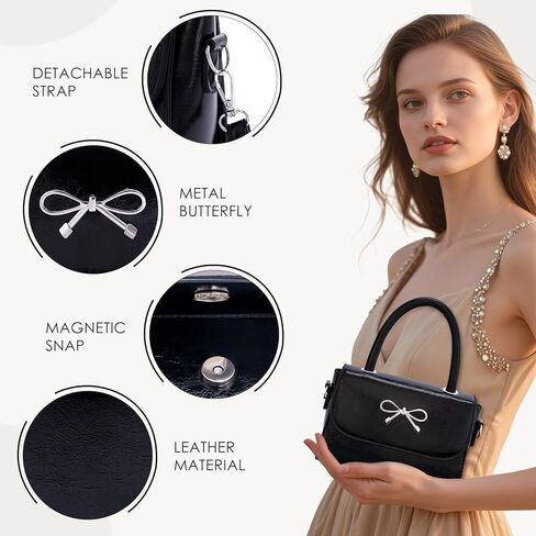 Rancco Crossbody Bag for Women, Black PU Leather Bowknot Shoulder Bag, Purse & Handheld Clutch with Metal Bow, handbag w/Trendy Bag Top Handle, Small Handbags for Vacations, Parties, Romantic Dates in Kuwait