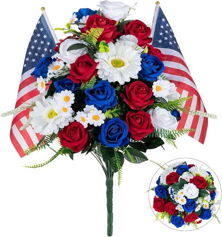 Memorial Day Flowers for Cemetery: Large 36 Heads Velvet Red White Blue Roses Bouquet with Flags for Veterans - Outdoor Grave Decorations - Artificial Patriotic Cemetery Flowers for Grave in Saudi Arabia