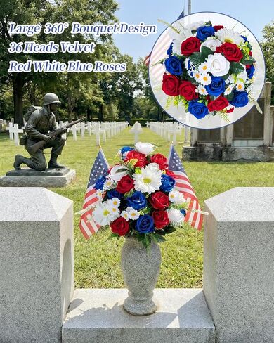 Memorial Day Flowers for Cemetery: Large 36 Heads Velvet Red White Blue Roses Bouquet with Flags for Veterans - Outdoor Grave Decorations - Artificial Patriotic Cemetery Flowers for Grave in Saudi Arabia