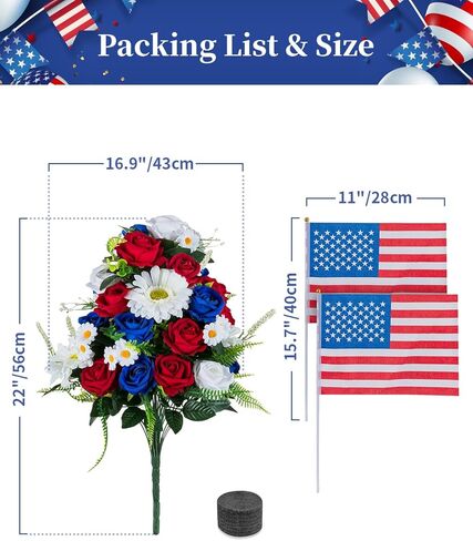 Memorial Day Flowers for Cemetery: Large 36 Heads Velvet Red White Blue Roses Bouquet with Flags for Veterans - Outdoor Grave Decorations - Artificial Patriotic Cemetery Flowers for Grave in Saudi Arabia