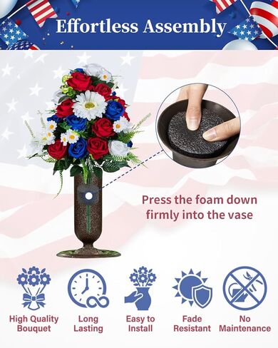 Memorial Day Flowers for Cemetery: Large 36 Heads Velvet Red White Blue Roses Bouquet with Flags for Veterans - Outdoor Grave Decorations - Artificial Patriotic Cemetery Flowers for Grave in Saudi Arabia