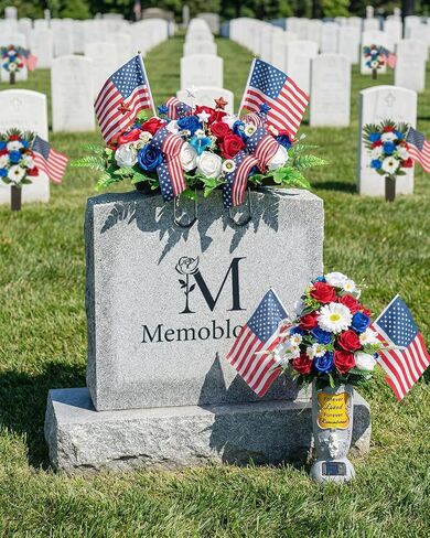 Memorial Day Flowers for Cemetery: Large 36 Heads Velvet Red White Blue Roses Bouquet with Flags for Veterans - Outdoor Grave Decorations - Artificial Patriotic Cemetery Flowers for Grave in Saudi Arabia