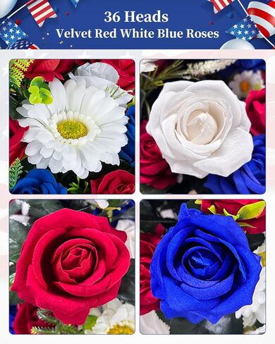 Memorial Day Flowers for Cemetery: Large 36 Heads Velvet Red White Blue Roses Bouquet with Flags for Veterans - Outdoor Grave Decorations - Artificial Patriotic Cemetery Flowers for Grave in Saudi Arabia