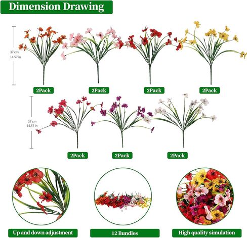 14 حزمة من الزهور الصناعية للديكور في الهواء الطلق، زهور وهمية متعددة الألوان ونباتات بلاستيكية بنفسجية صناعية مقاومة للأشعة فوق البنفسجية للربيع والصيف والحديقة ونافذة صندوق المكتب وطاولة المطبخ وديكور المنزل in Kuwait