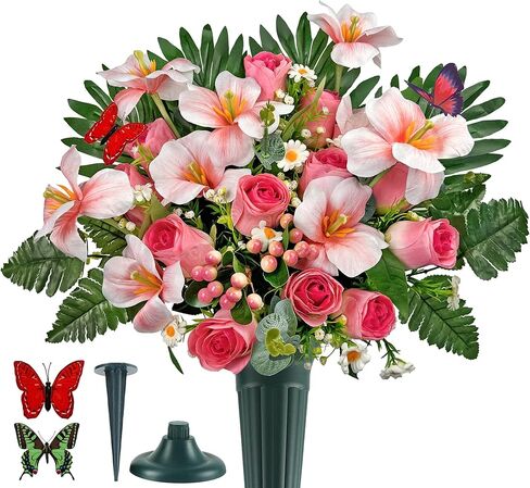 زهور القبر ليوم الذكرى، باقة زهور المقبرة الوردية الربيعية مع مزهرية لتزيين شاهد القبر/القبر، سهلة التركيب وثابتة الألوان in Kuwait