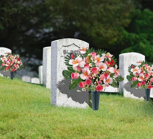 زهور القبر ليوم الذكرى، باقة زهور المقبرة الوردية الربيعية مع مزهرية لتزيين شاهد القبر/القبر، سهلة التركيب وثابتة الألوان in Kuwait