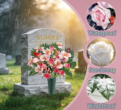 زهور القبر ليوم الذكرى، باقة زهور المقبرة الوردية الربيعية مع مزهرية لتزيين شاهد القبر/القبر، سهلة التركيب وثابتة الألوان in Kuwait