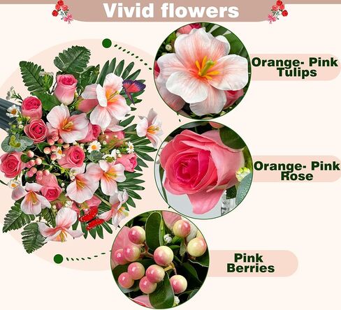 زهور القبر ليوم الذكرى، باقة زهور المقبرة الوردية الربيعية مع مزهرية لتزيين شاهد القبر/القبر، سهلة التركيب وثابتة الألوان in Kuwait