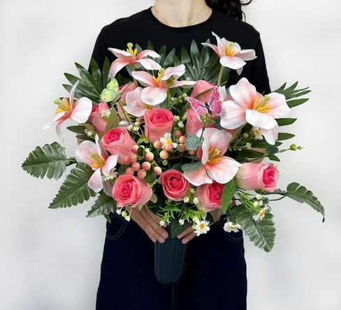 زهور القبر ليوم الذكرى، باقة زهور المقبرة الوردية الربيعية مع مزهرية لتزيين شاهد القبر/القبر، سهلة التركيب وثابتة الألوان in Kuwait