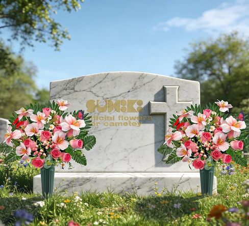 زهور القبر ليوم الذكرى، باقة زهور المقبرة الوردية الربيعية مع مزهرية لتزيين شاهد القبر/القبر، سهلة التركيب وثابتة الألوان in Kuwait