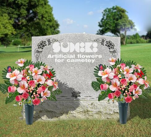 زهور القبر ليوم الذكرى، باقة زهور المقبرة الوردية الربيعية مع مزهرية لتزيين شاهد القبر/القبر، سهلة التركيب وثابتة الألوان in Kuwait
