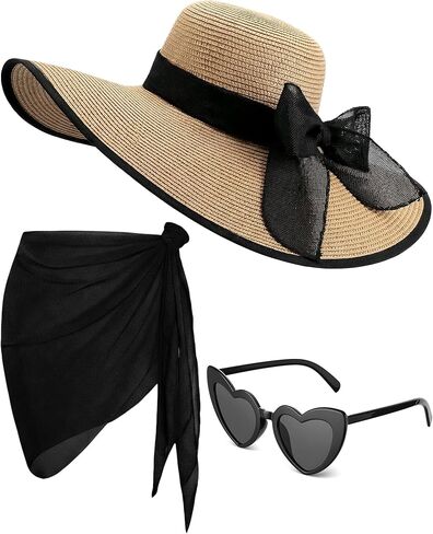 3 Pcs Summer Beach Set for Women Wide Brim Straw Sun Hat, Swimsuit Coverup Sarong, Heart Sunglasses in Saudi Arabia