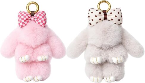 2 PCS Bunny Keychain, Cute Bunny Keychains, Bunnykeychains with Bow, Pink and Gray Color Options, Soft Bunnykeychain for Bags and Keys in Kuwait