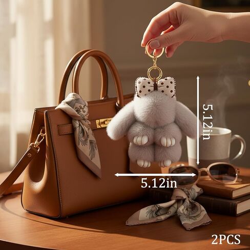 2 PCS Bunny Keychain, Cute Bunny Keychains, Bunnykeychains with Bow, Pink and Gray Color Options, Soft Bunnykeychain for Bags and Keys in Kuwait
