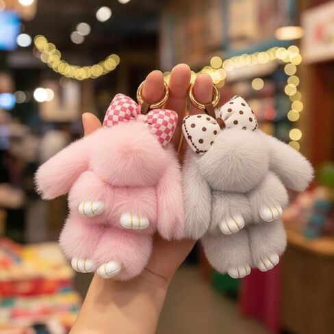 2 PCS Bunny Keychain, Cute Bunny Keychains, Bunnykeychains with Bow, Pink and Gray Color Options, Soft Bunnykeychain for Bags and Keys in Kuwait